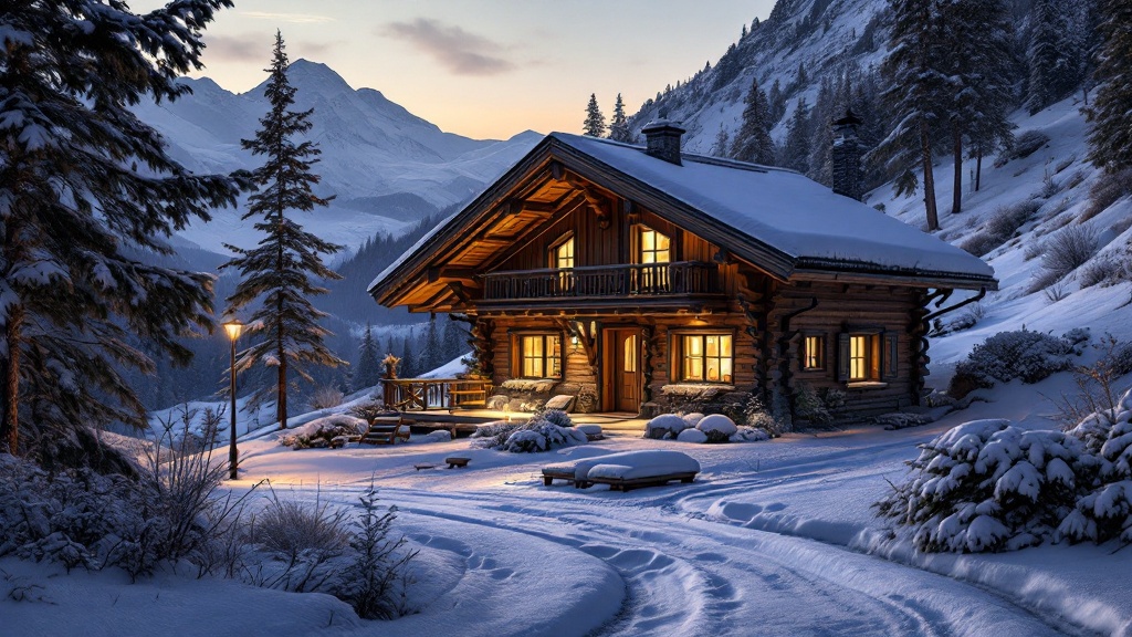 Chalet d'altitude paisible sous lumière dorée du soir