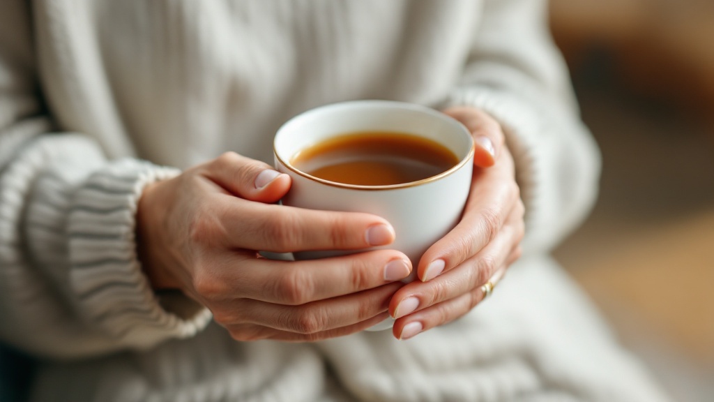 Mains de personne âgée tenant une tasse de thé, douceur, présence attentive