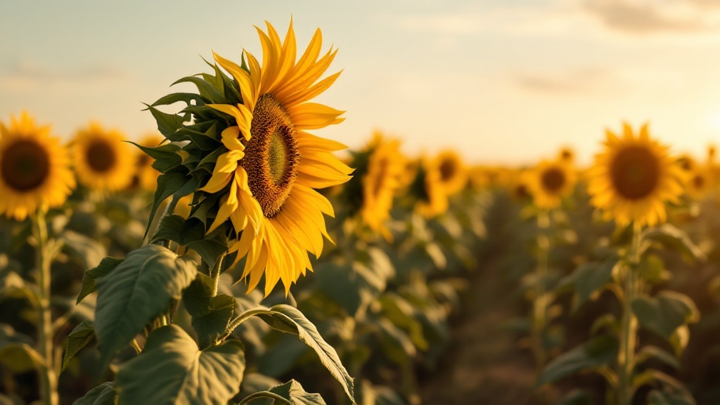 Rangées de tournesols vus de profil dans un grand champ agricole