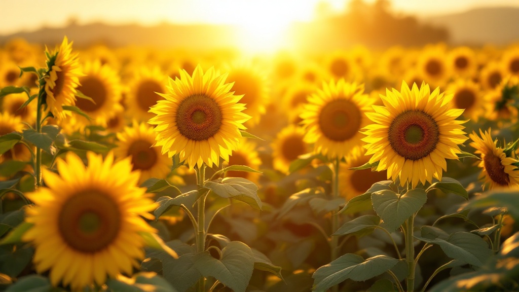 Vue d'ensemble d'un champ de tournesols sous lumière dorée