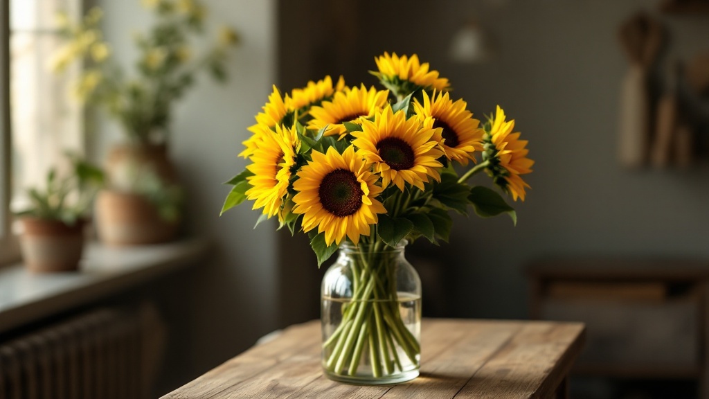 Bouquet de tournesols simples dans un vase en verre, lumière douce d'atelier