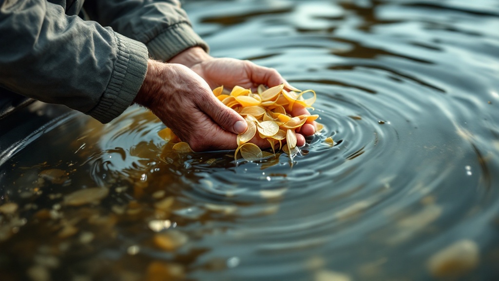 Main d'aquaculteur tenant un filet de récolte au-dessus d'un bassin