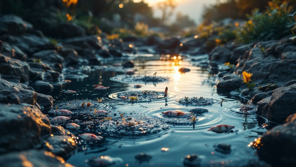 Bassin d'aquaculture au lever du jour, eaux calmes et brumes matinales