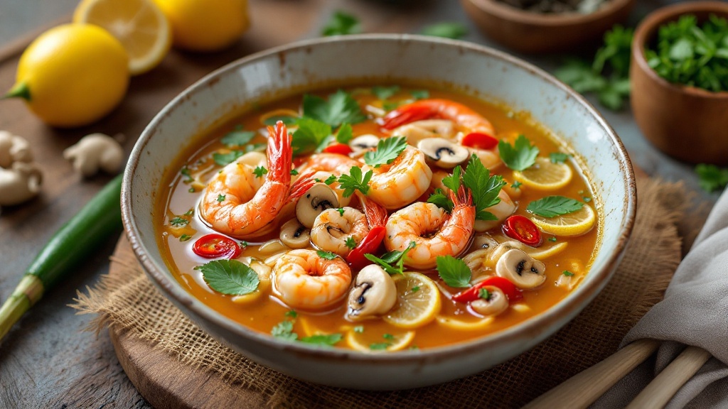 Tom yum soup with prawns, mushrooms, lemongrass and chilli