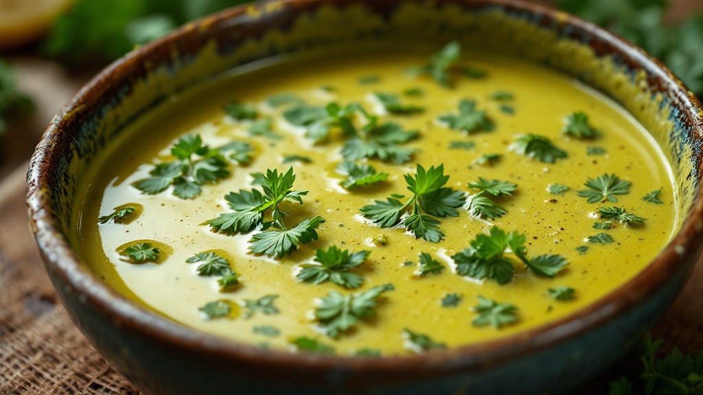 Detail of green curry sauce with herbs floating