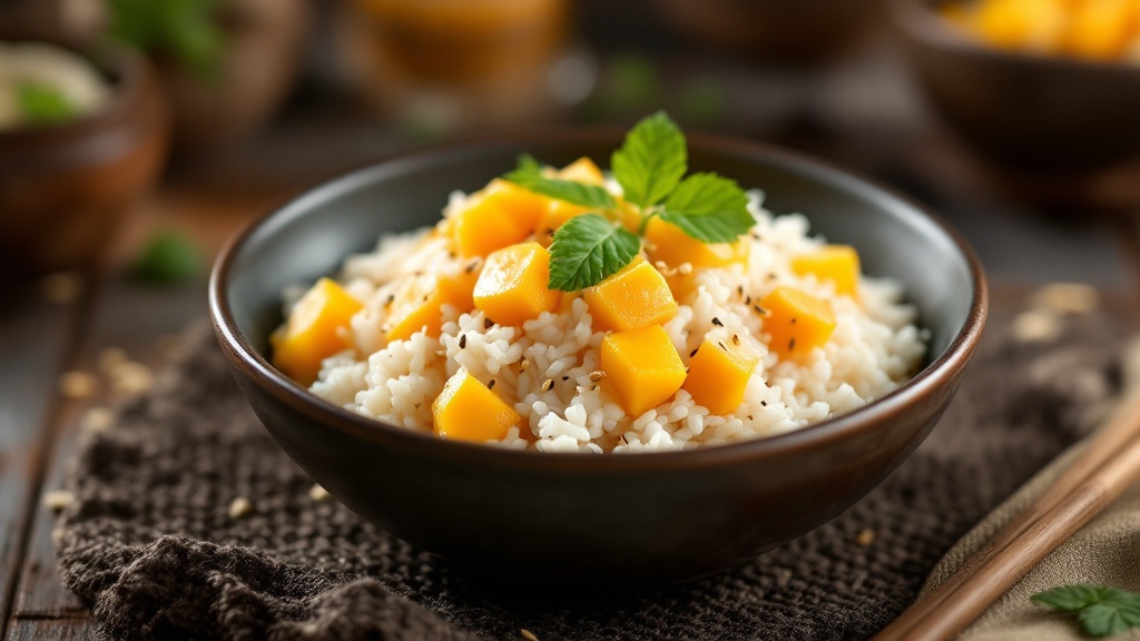 Mango sticky rice with coconut cream and toasted sesame