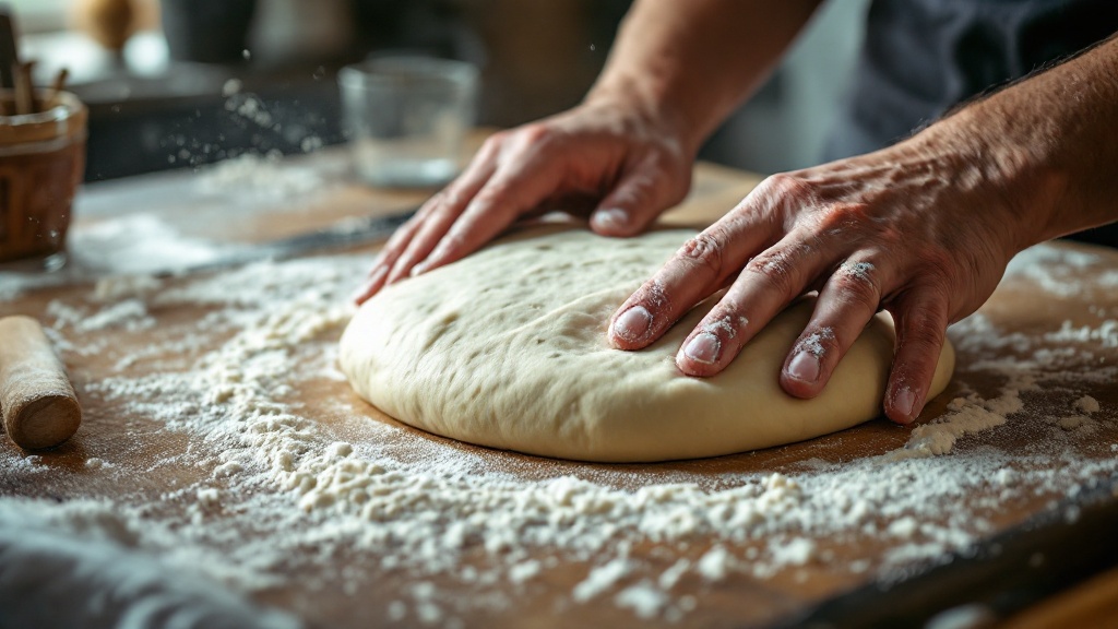 Hands stretching pizza dough on a wooden countertop dusted with flour