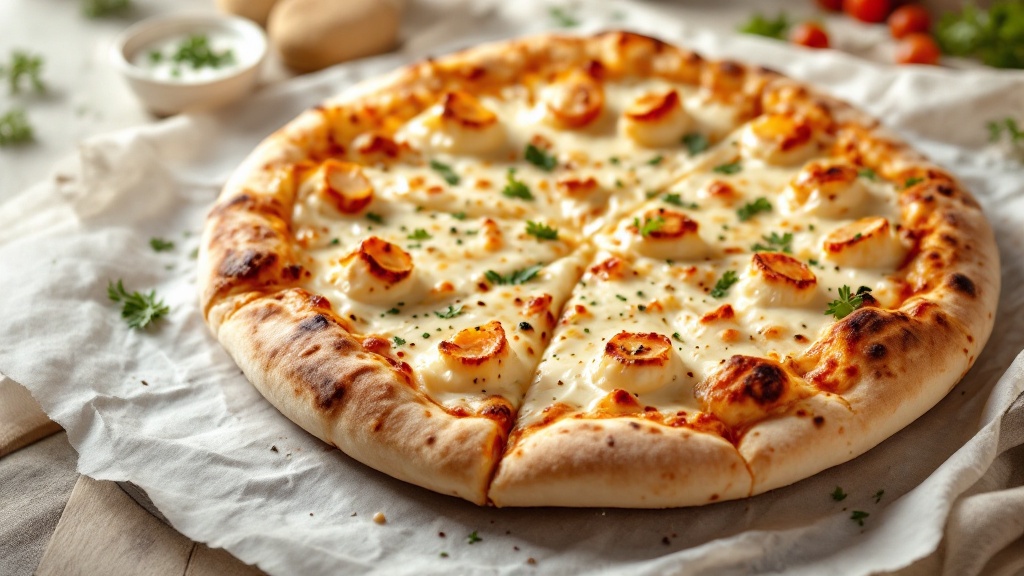 A white pizza with creamy cheese and herbs