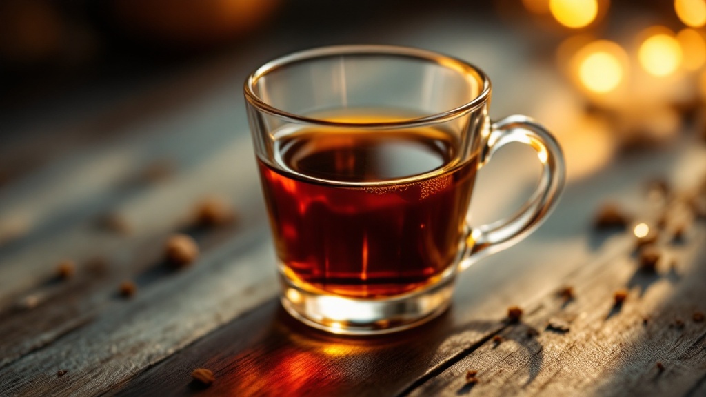 A small glass of dark amber liqueur beside a tiny espresso cup