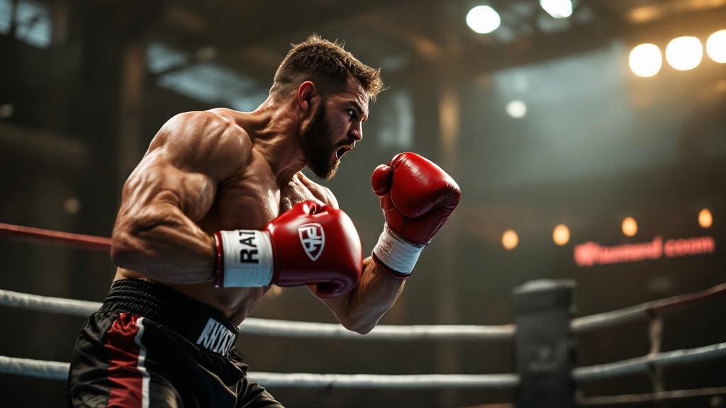 Boxeur en condition de compétition, ring vide