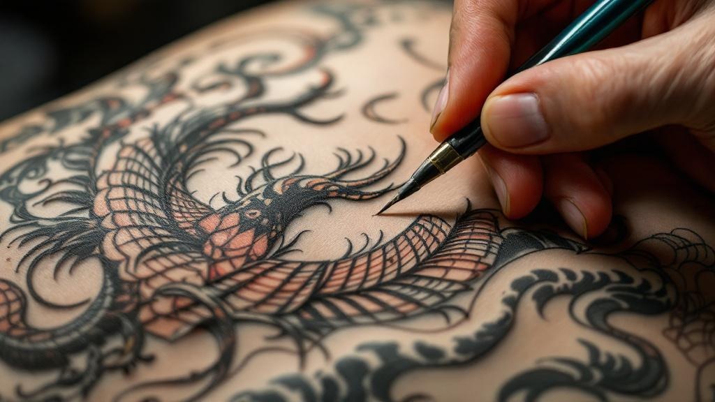 Détail de tatouage japonais traditionnel en cours de réalisation
